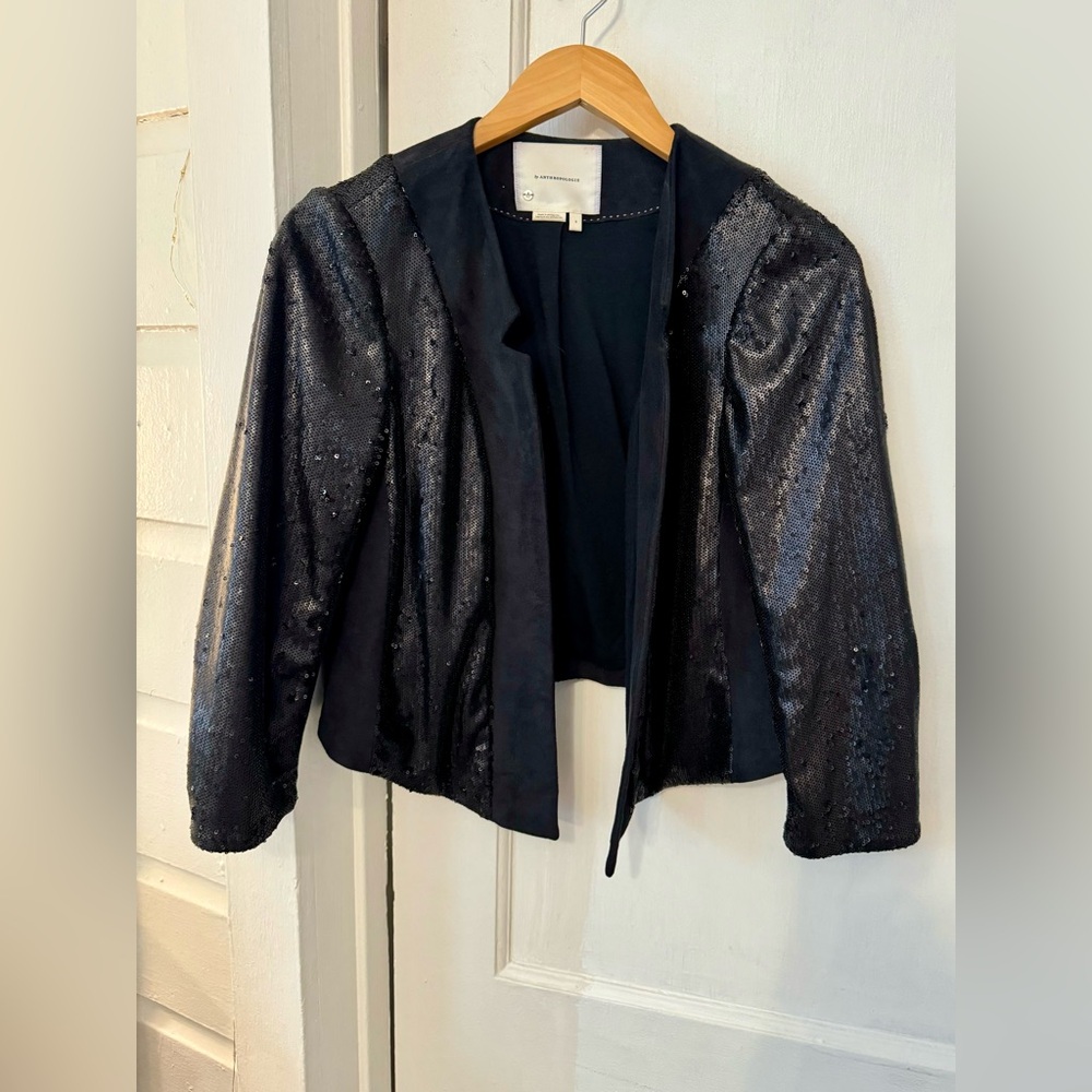 Anthropologie cropped black sequin jacket, size small